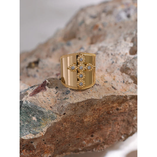 Bague "Divine" – Croix Zircone & Acier inoxydable Doré